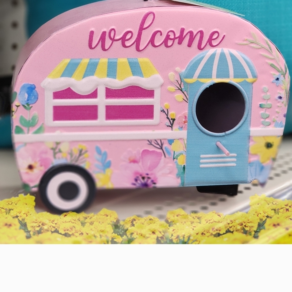 Colorful Camper Birdhouse Metal Blue & Pink - Picture 1 of 9
